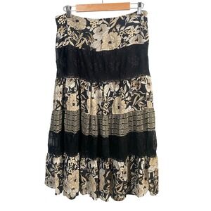 Bohemian Floral Tiered Midi Skirt Size 8 Lace Trim Boho Festival Fairy Grunge